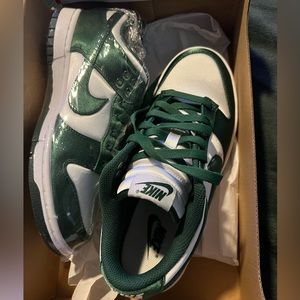 Nike low dunks (satin)- green white and black, size 8.5